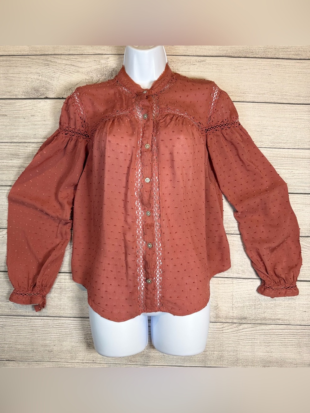 Free People Burnt Orange Swiss Dot Lace-Trim Button Down Top